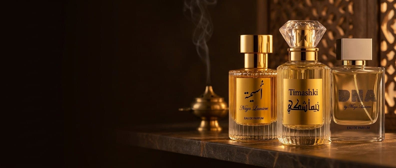Ousaima, Timashki and DNA perfumes by Naya Lumière on a stone ledge